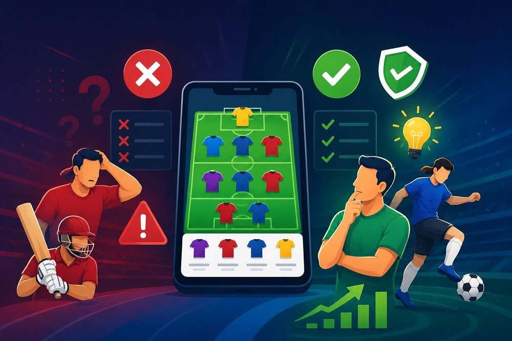 Fantasy sports lineup review dashboard showing common player selection mistakes, availability warnings, scoring checks, team news, and fantasy research tools.
